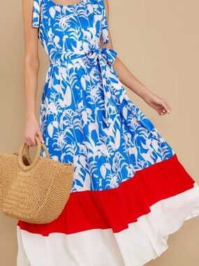 Gorgeous Blue White Botanical Tie-Waist Ruffle Maxi Dress with Red & White Trim